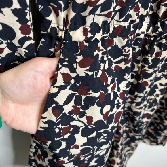 LOFT Womens Size 2 Navy Blue Burgundy Cream Floral Long Sleeve Tie Neck Romper - Picture 7 of 15